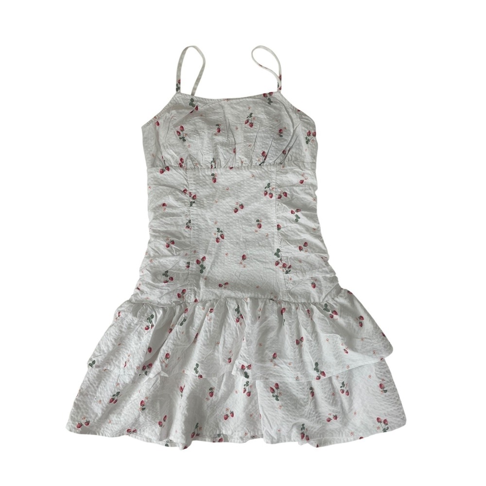 White Strawberry Print Smocked Ruffle Mini Dress Girls XL Cottagecore Coquette